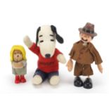 Three vintage toys including Snoopy and Paddington Bear, the largest 20cm high
