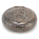 Dutch silver bun shaped box, the hinged lid embossed with figures and a dog, London import marks for