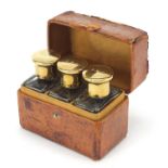 Three 19th century cut glass bottles with brass lids housed in a fitted leather travelling case,