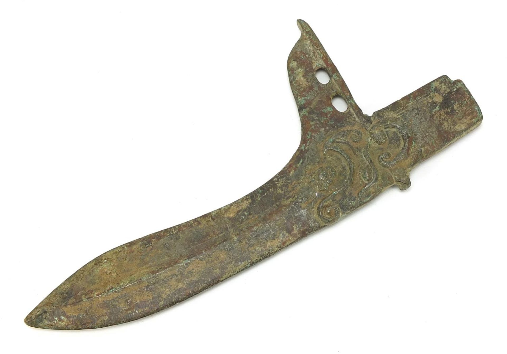 Chinese/Islamic patinated axe head, 24cm in length