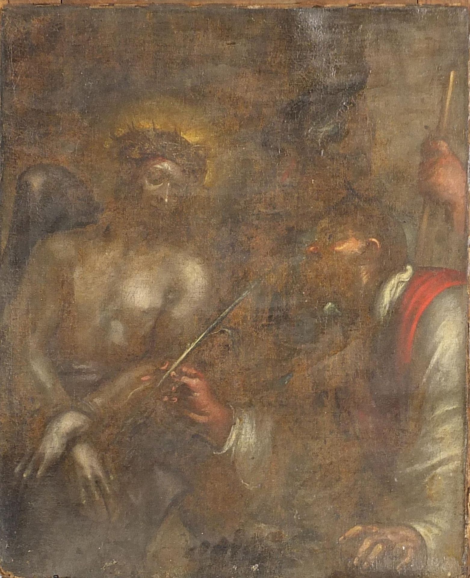 Christ with attendants, 17th/18th century Flemish Old Master, oil on unstretched canvas, 84cm x 69cm