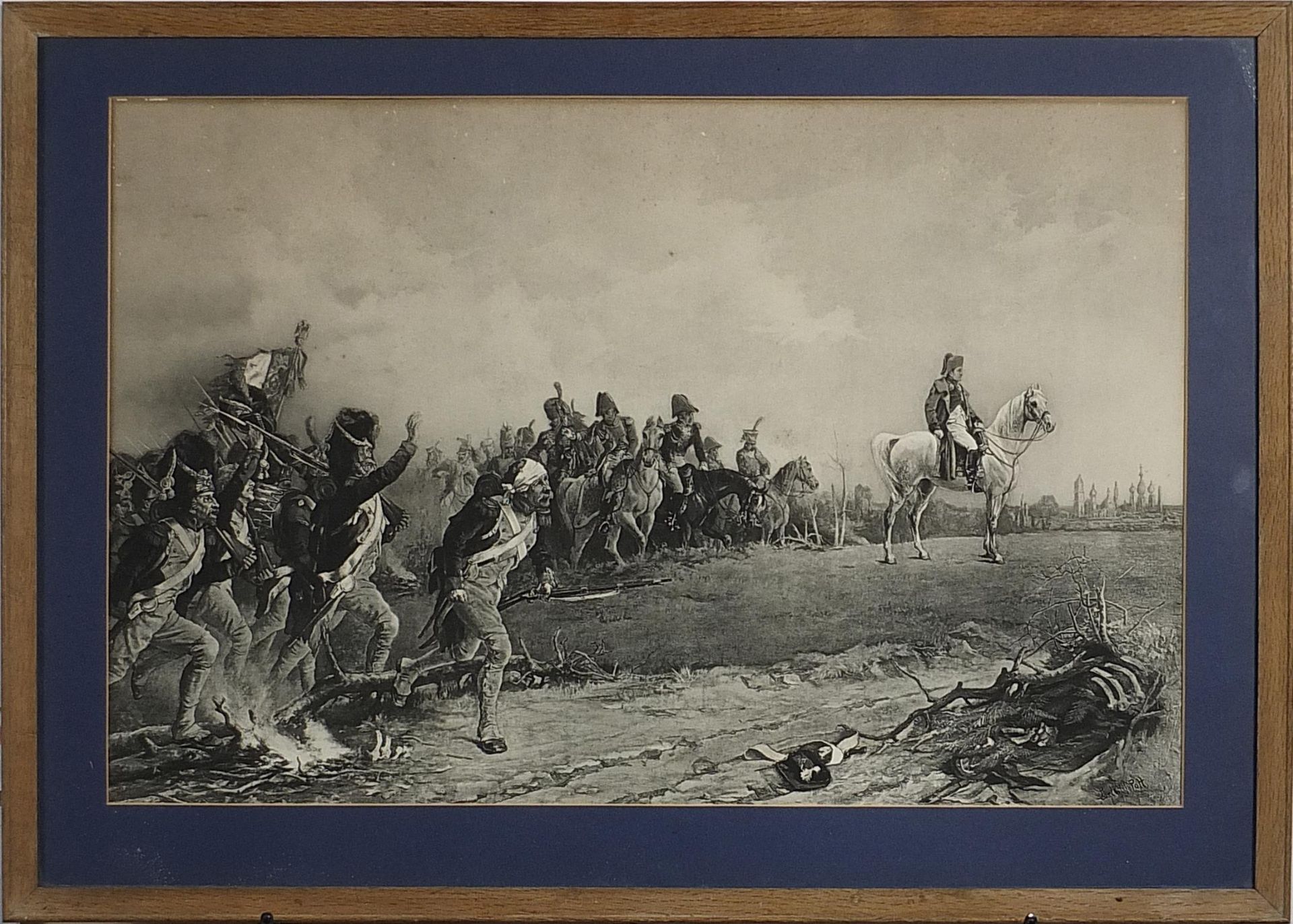 Napoleon on horseback and battle scene, two prints, one pencil signed, each mounted, framed and - Image 7 of 8