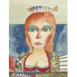 After John Bellany - Portrait of a girl with a fish, Scottish watercolour, mounted, framed and