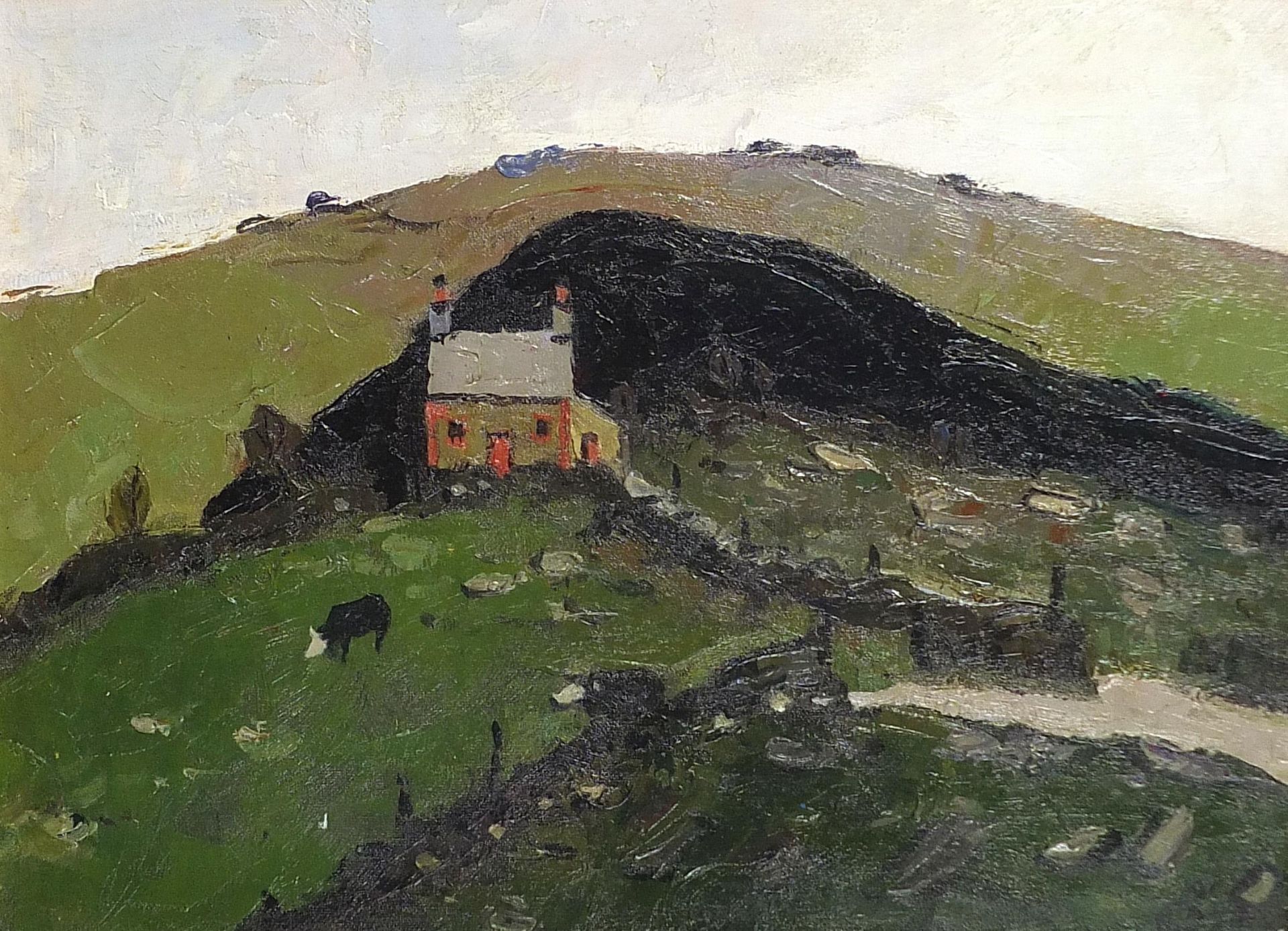 Manner of Kyffin Williams - Mountainous landscape with cattle, Welsh school oil on board, framed,