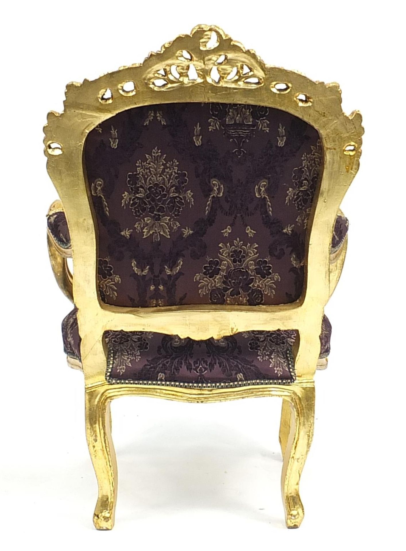 Ornate French style giltwood open armchair with purple floral upholstery, 112cm high - Image 3 of 3