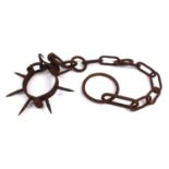 Antique iron spiked dog collar with chain, 30cm in diameter