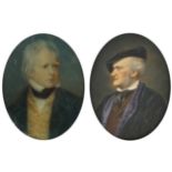 Two oval hand painted portrait miniatures housed in sectional ivory frames, each miniature