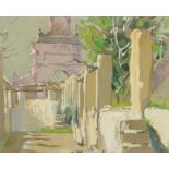 Gate to Regent's Park, English school acrylic, Chapman Brothers, Chelsea label verso, mounted,