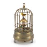 Brass clockwork automaton bird cage alarm clock, 17cm high