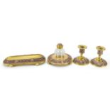 19th century continental gilt brass and copper desk set comprising a pen tray, inkwell and pair of