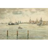 Harbour scene with boats, 1970s watercolour, indistinctly signed, possibly A Nikol... ?, mounted,
