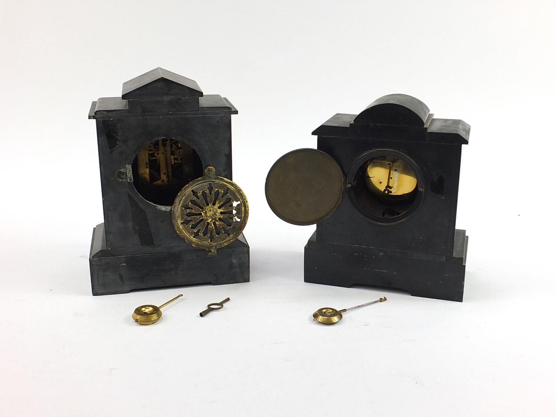 Two Victorian black slate and marble mantle clocks, the largest 32cm high - Image 3 of 4