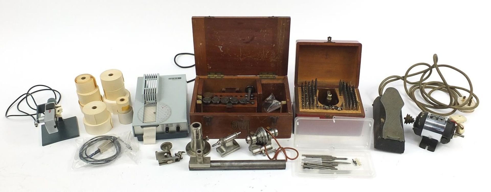 Vintage tools including an IME545 lathe and Greiner electronic timing machine