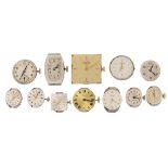 Collection of wristwatch movements including Longines, Rotary and Avia, the largest 23mm wide