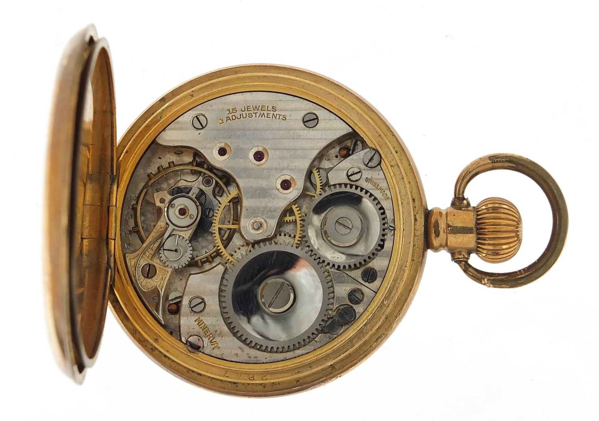 Gentlemen's gold plated half hunter pocket watch with enamel dial, 5.1cm in diameter, 100.7g - Image 4 of 6