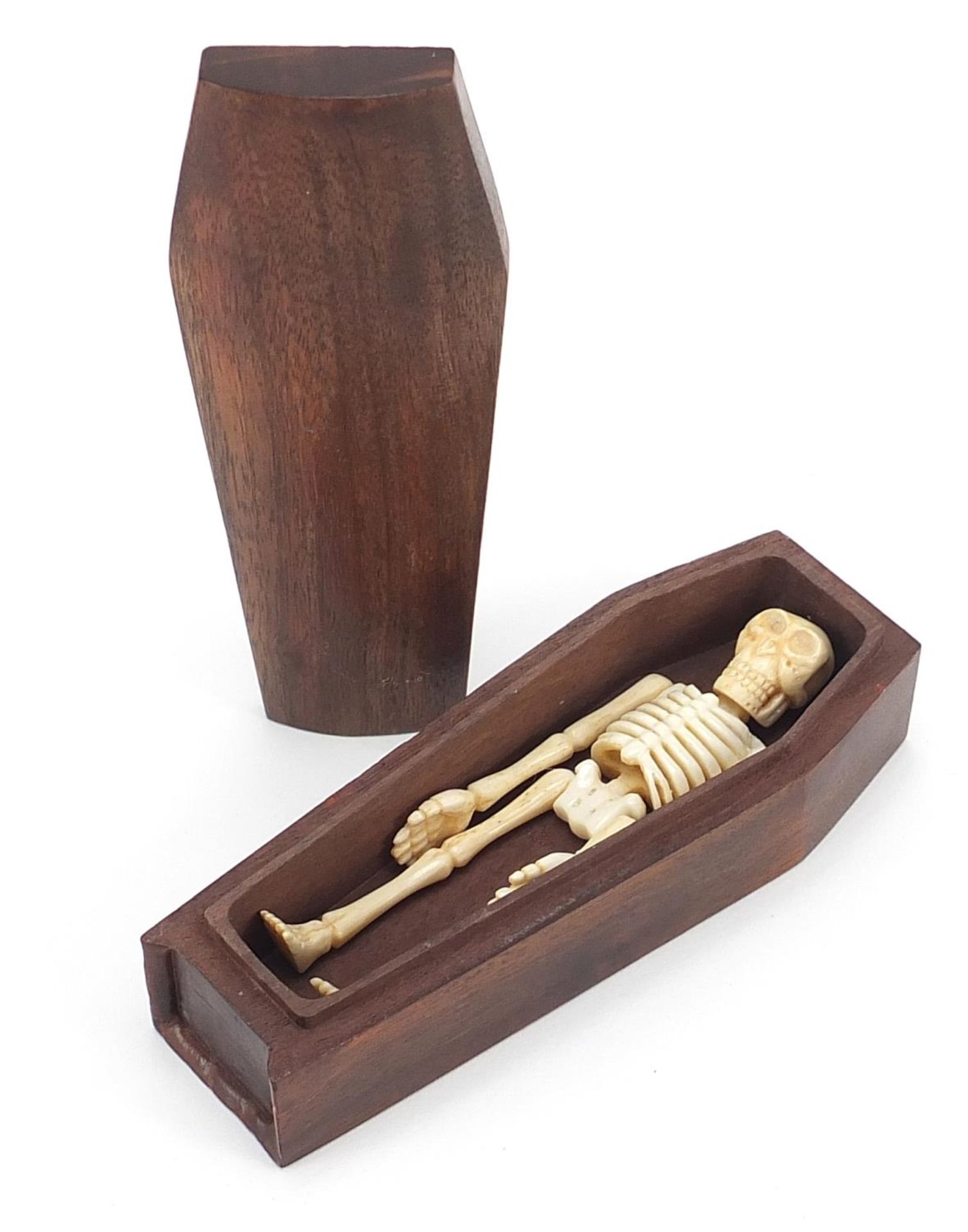 Japanese carved wood coffin enclosing an articulated bone skeleton, 11.5cm high - Image 4 of 5