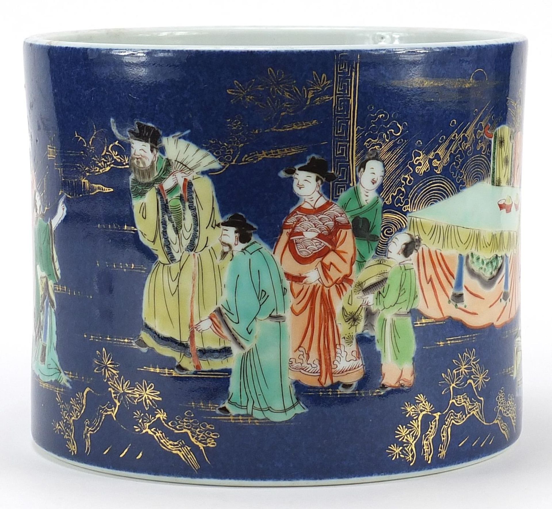 Chinese powder blue glazed porcelain brush pot hand painted in the famille verte palette and