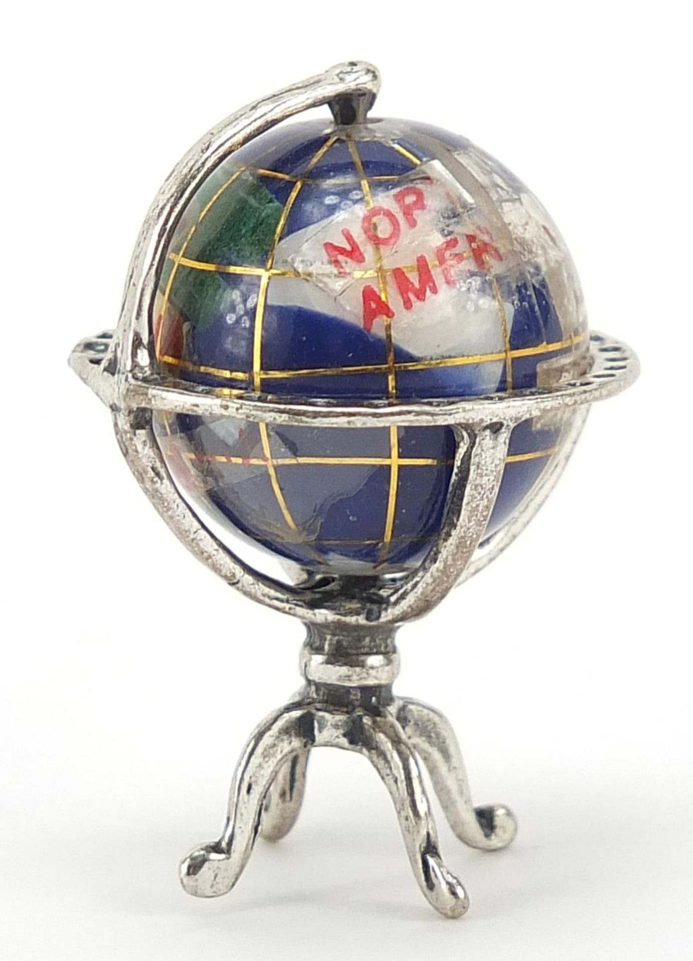 Miniature silver and semi precious stone table globe, 3.5cm high, 11.5g - Bild 2 aus 4