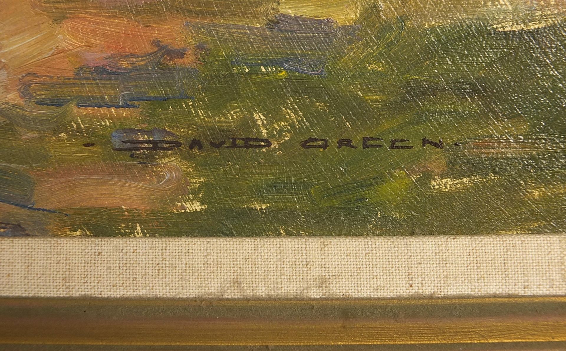 David Green - Feeding the ducks, oil on board, At the Mall Galleries Exhibition label verso, mounted - Image 3 of 4