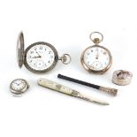 Antique and later jewellery and objects including Alpina full hunter pocket watch, silver mounted