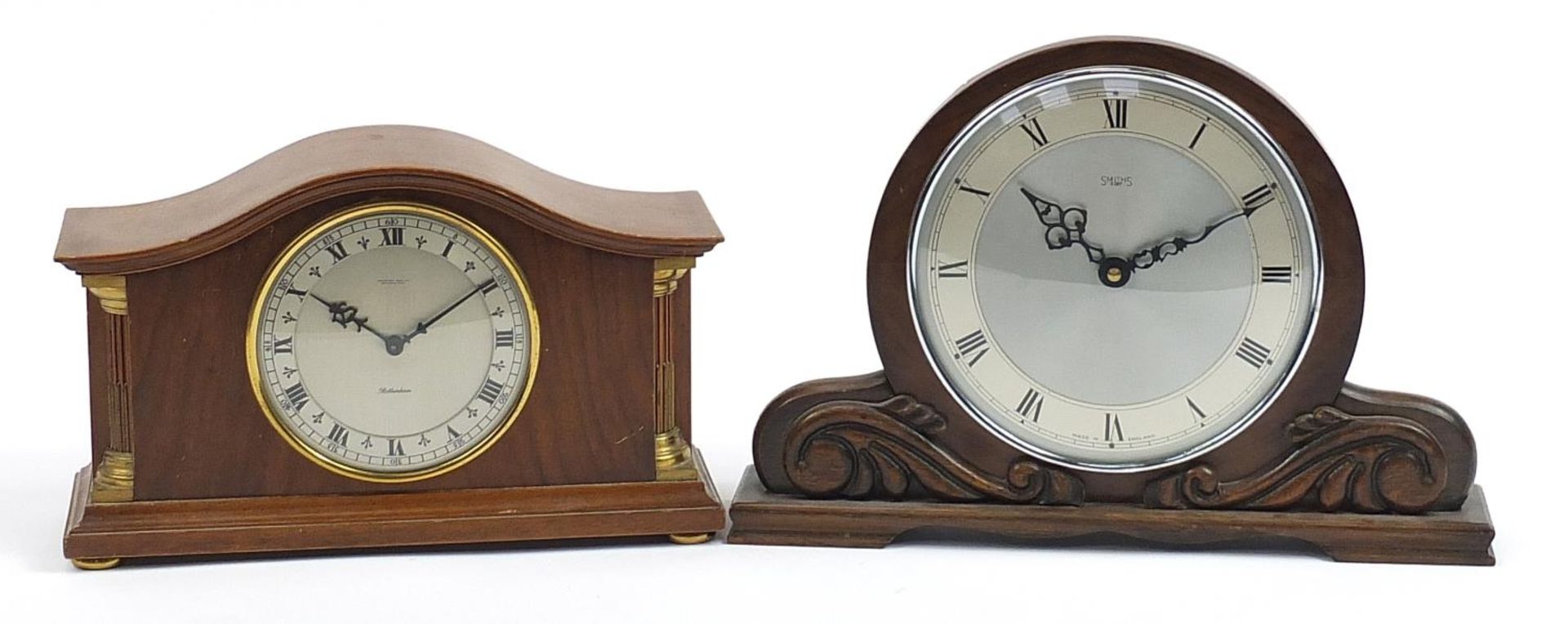 Two mahogany mantle clocks comprising Rotherham retailed by Bruford & Son Eastbourne and Smiths, the