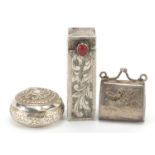 Rectangular silver lipstick case with mirror and two silver pill boxes, the largest 5.5cm in length,