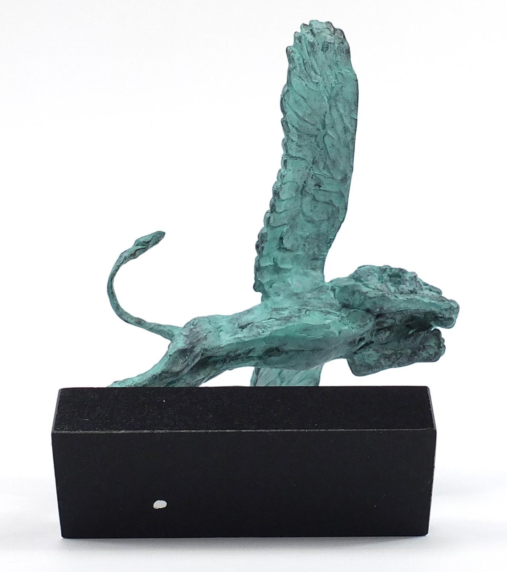 Mark Coreth for McArthur Glen Group, verdigris bronze study of a winged lion raised on a rectangular - Image 5 of 5