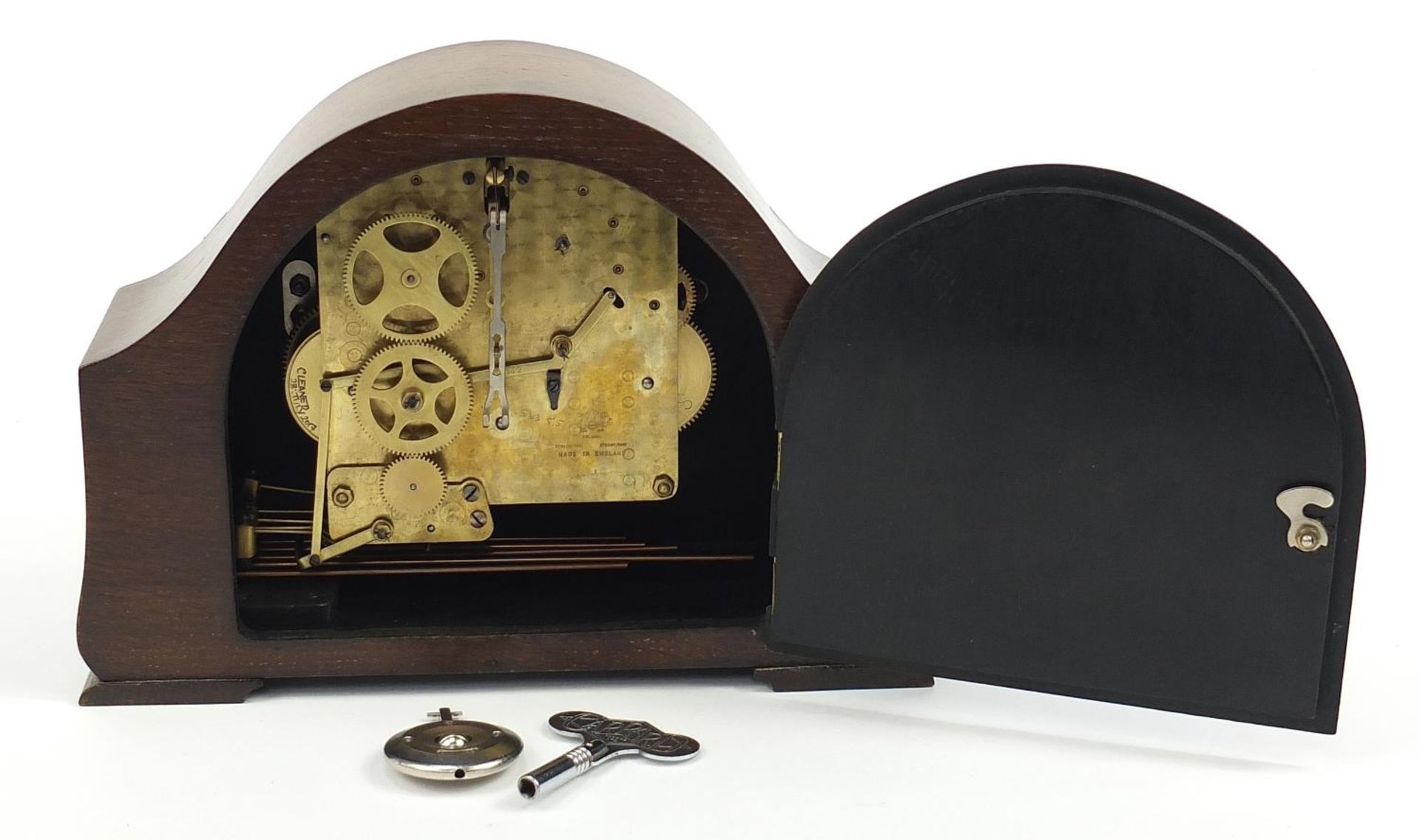 Mahogany mantle clock with Westminster chime, 30.5cm wide - Image 4 of 5