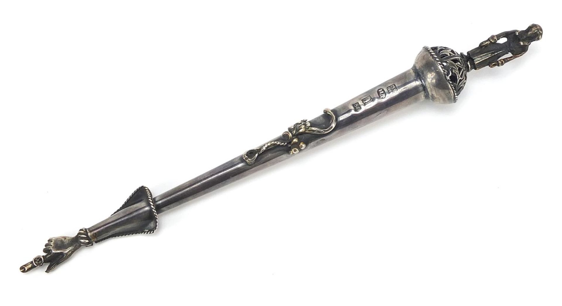 Russian silver Jewish Torah pointer with figure terminal, impressed marks, 20.5cm in length, 35.0g