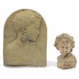 Stoneware plaque of a young figure and composite a bust, the plaque 40cm x 30cm