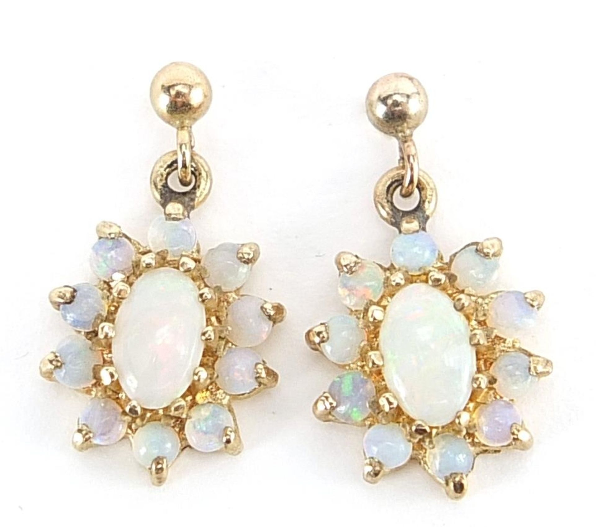 Pair of 9ct gold opal drop earrings, 1.5cm high, 1.4g