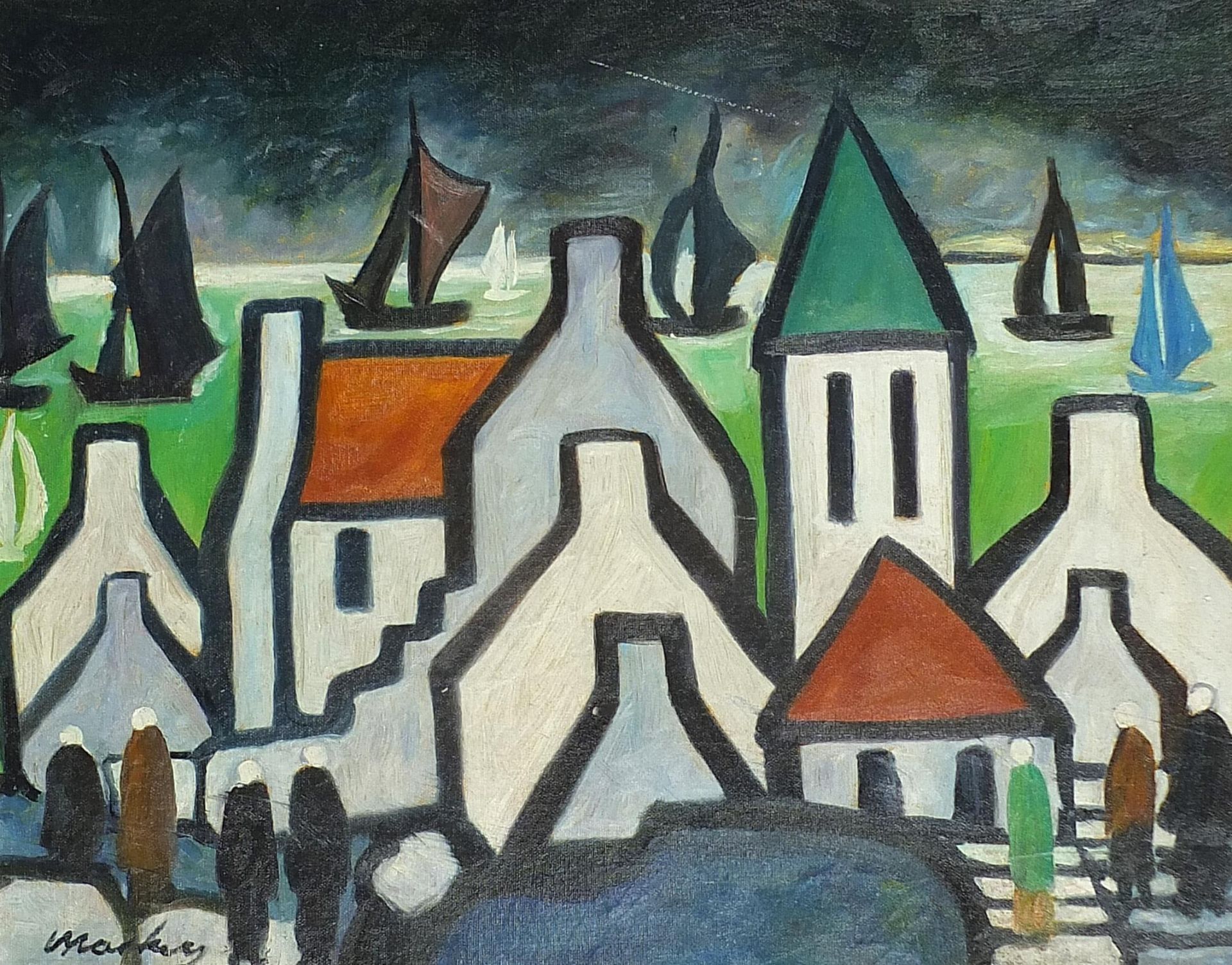 Manner of Markey Robinson - Cottages before water and boats, Irish school oil on board, mounted