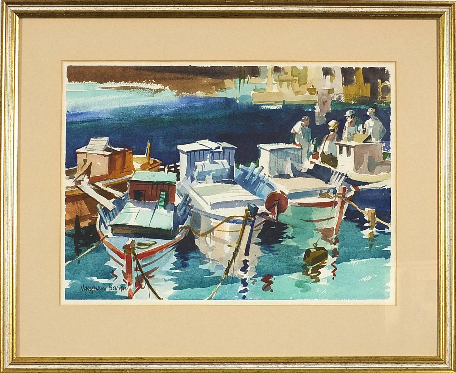 Vaughan Gwillim Bevan - Fishing boats, Greece, watercolour, Penns Fine Art Gallery label verso, - Image 2 of 5