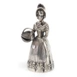 Scottish silver crinoline lady table bell, B M maker's mark Edinburgh, 11.5cm high, 159.0g