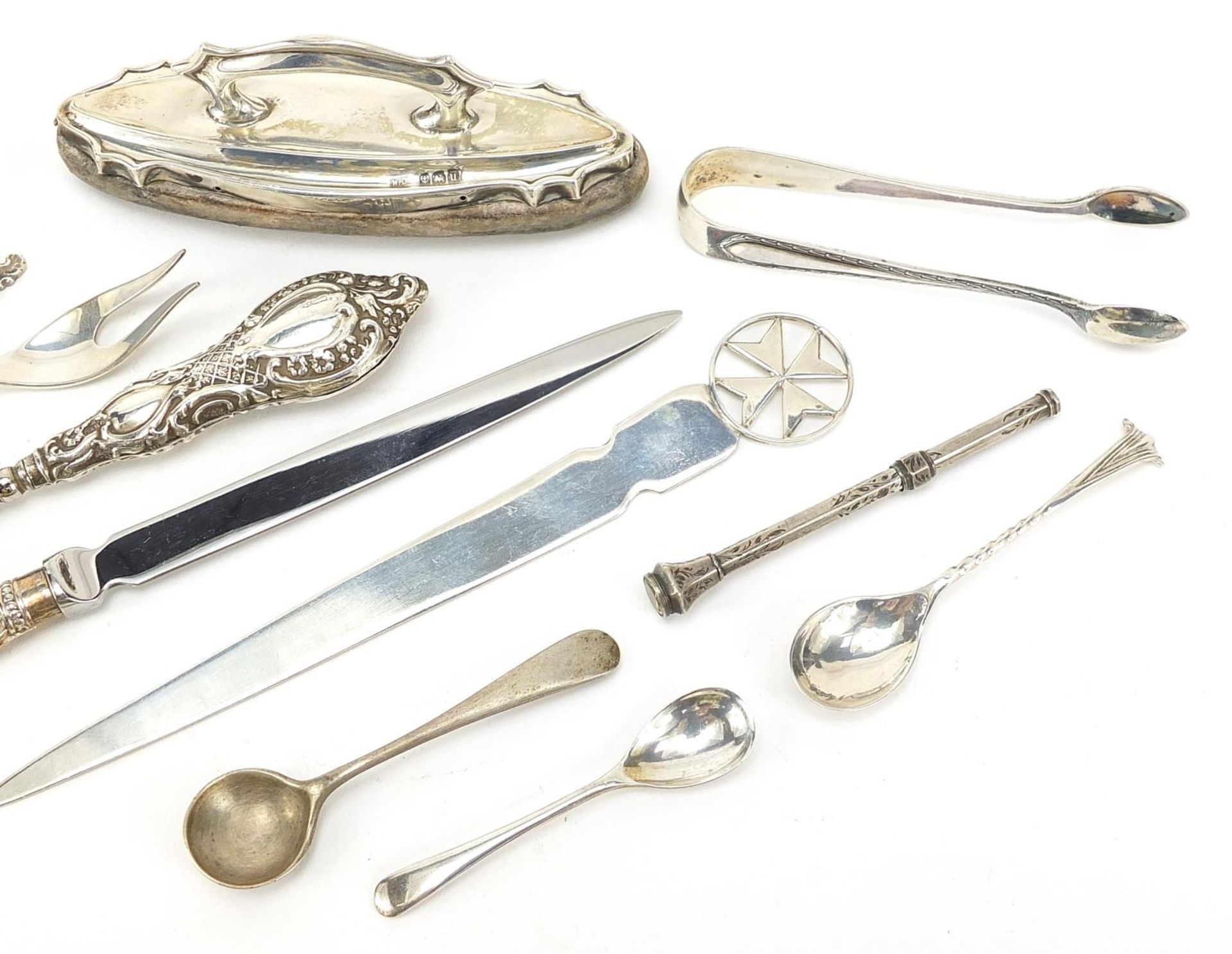 Silver objects including a Maltese letter opener, mustard spoons and sugar tongs, various hallmarks, - Image 3 of 5