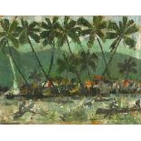 Figures in boats before palm trees and mountains, 1960s oil on canvas, inscribed verso, Jean