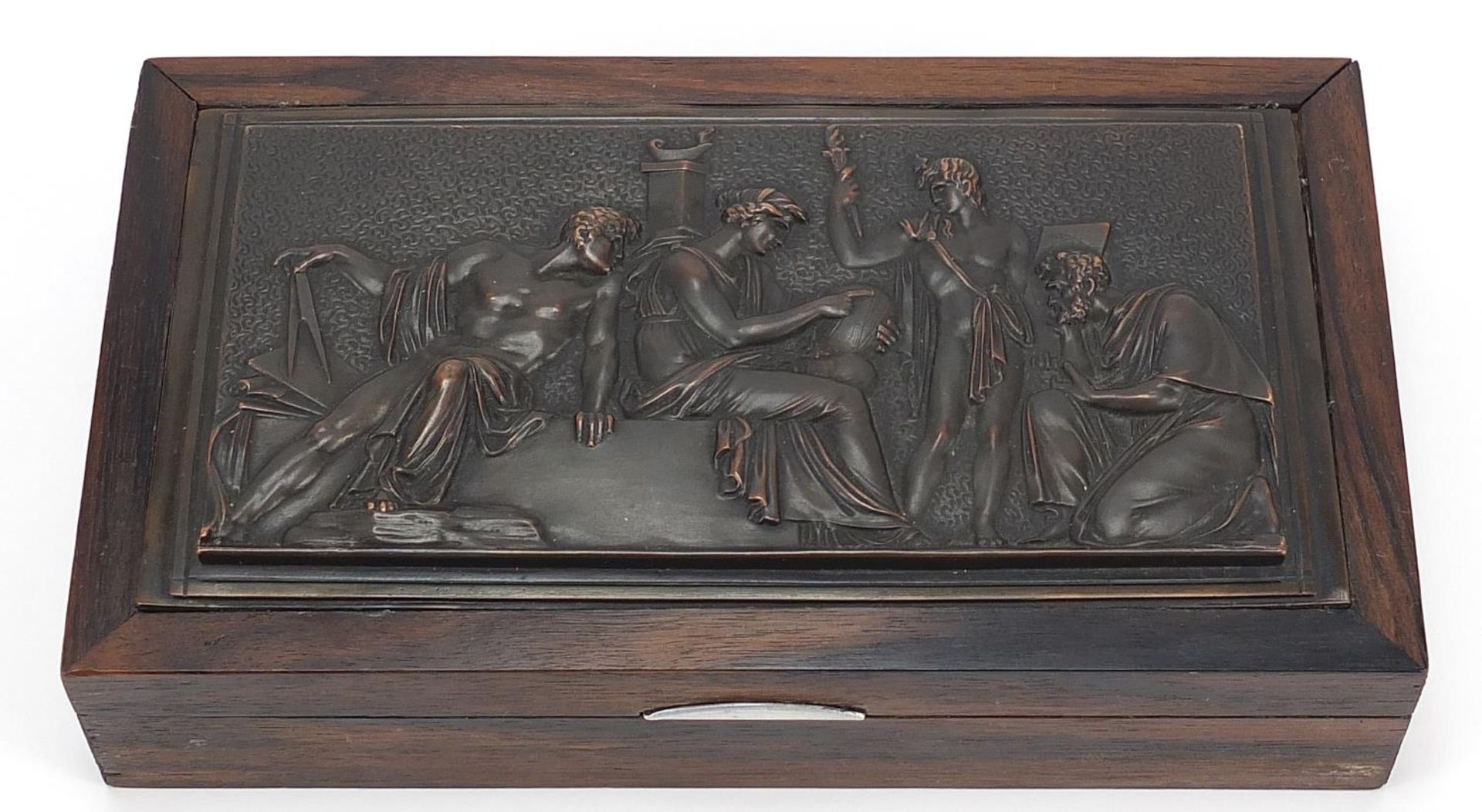 Exotic wood casket with inset bronzed plaque depicting classical figures, 4cm H x 18.5cm W x 10. - Image 2 of 4
