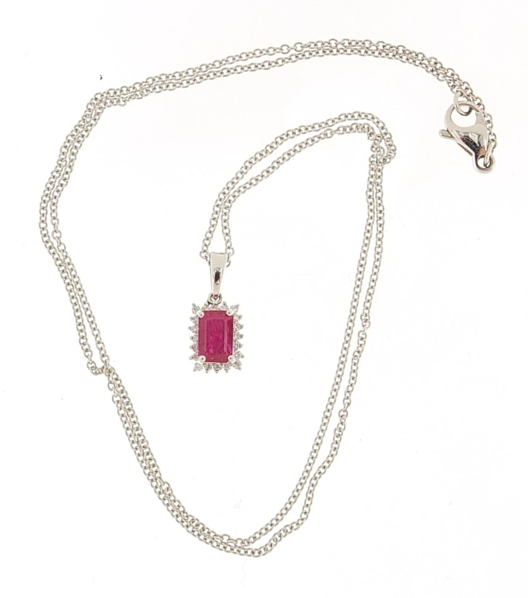 9ct white gold ruby and diamond cluster pendant on a 9ct white gold necklace, 1.5cm high and 42cm in - Bild 2 aus 3