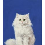 Brian Bysouth - Portrait of a white cat, acrylic, mounted, framed and glazed, 28cm x 25cm