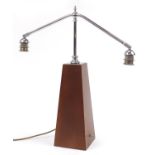 Modernist teak and chrome his & hers lamp, 62cm high