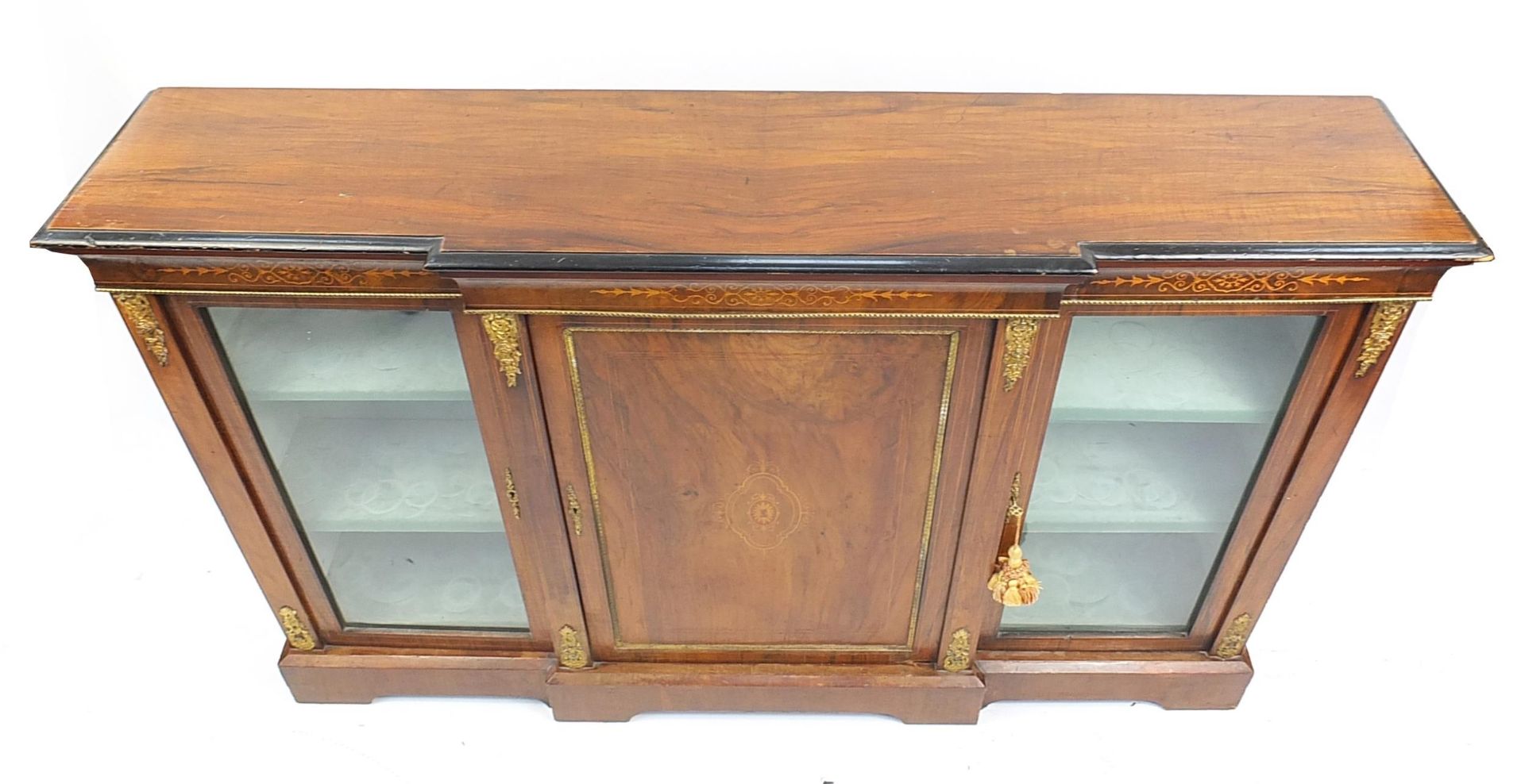 Inlaid breakfront bookcase with a pair of glazed doors, central cupboard door and gilt metal mounts, - Image 2 of 3