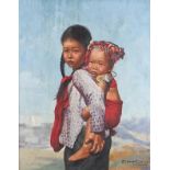 David Cheng 1963 - Portrait of two Asian girls, 1960's Chinese oil on canvas, mounted and framed,