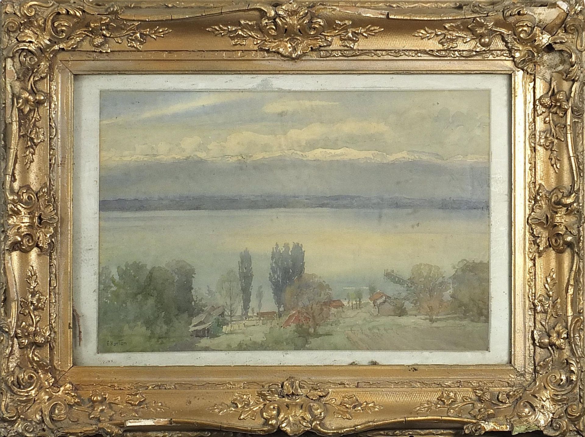 E Horton - The Juras, Lake Geneva, watercolour, inscribed verso, mounted, framed and glazed, 53cm - Image 2 of 6