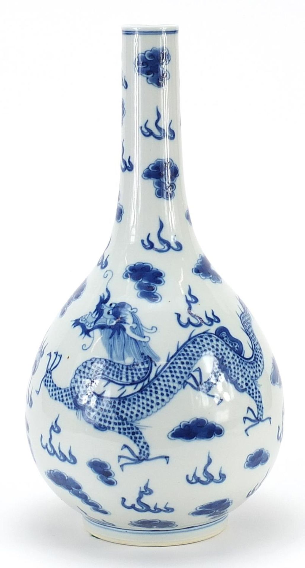 Large Chinese blue and white porcelain vase hand painted with two dragons chasing a flaming pearl
