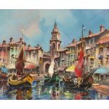 Continental harbour scene with moored boats, Impressionist oil on canvas, Trumpington Gallery,