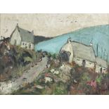 Manner of Kyffin Williams - Cottages before mountains, Welsh school oil on board, framed, 74cm x