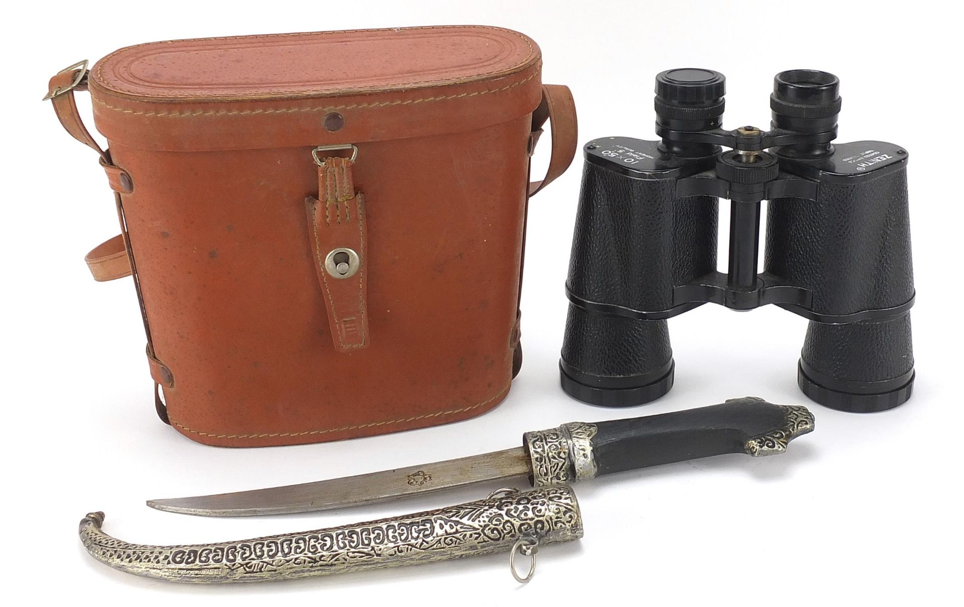 Pair of Zenith 10 x 50 field binoculars with case and an Islamic knife, the largest 37.5cm in length