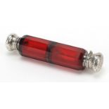 Victorian unmarked silver ruby glass double ended scent bottle, 12.5cm in length