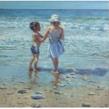 After Laurence Dingley - Two children on a beach, giclee print on canvas, unframed, 49.5cm x 49cm