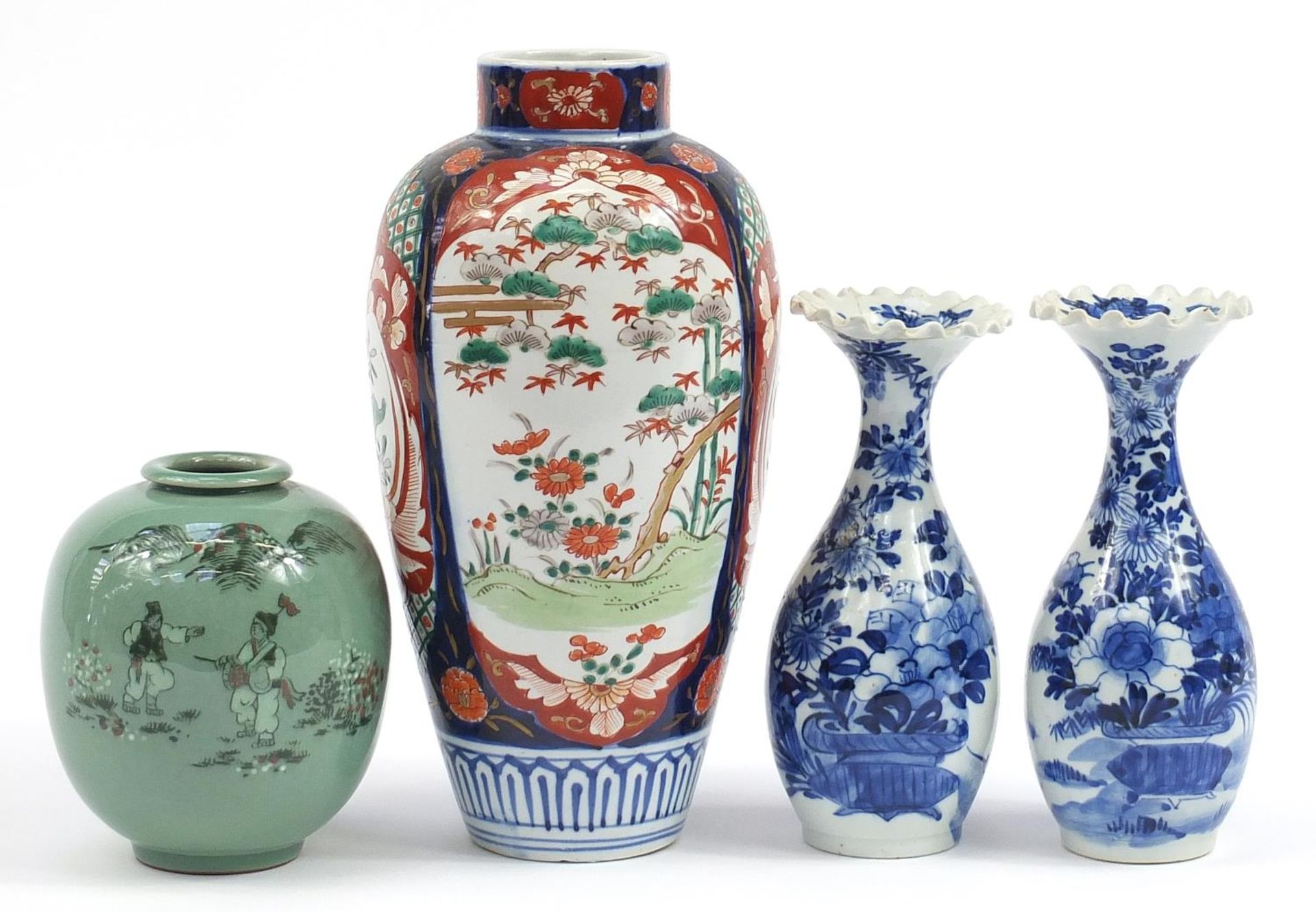 Oriental ceramics including a Japanese Imari vase and pair of Japanese Arita vases with frilled